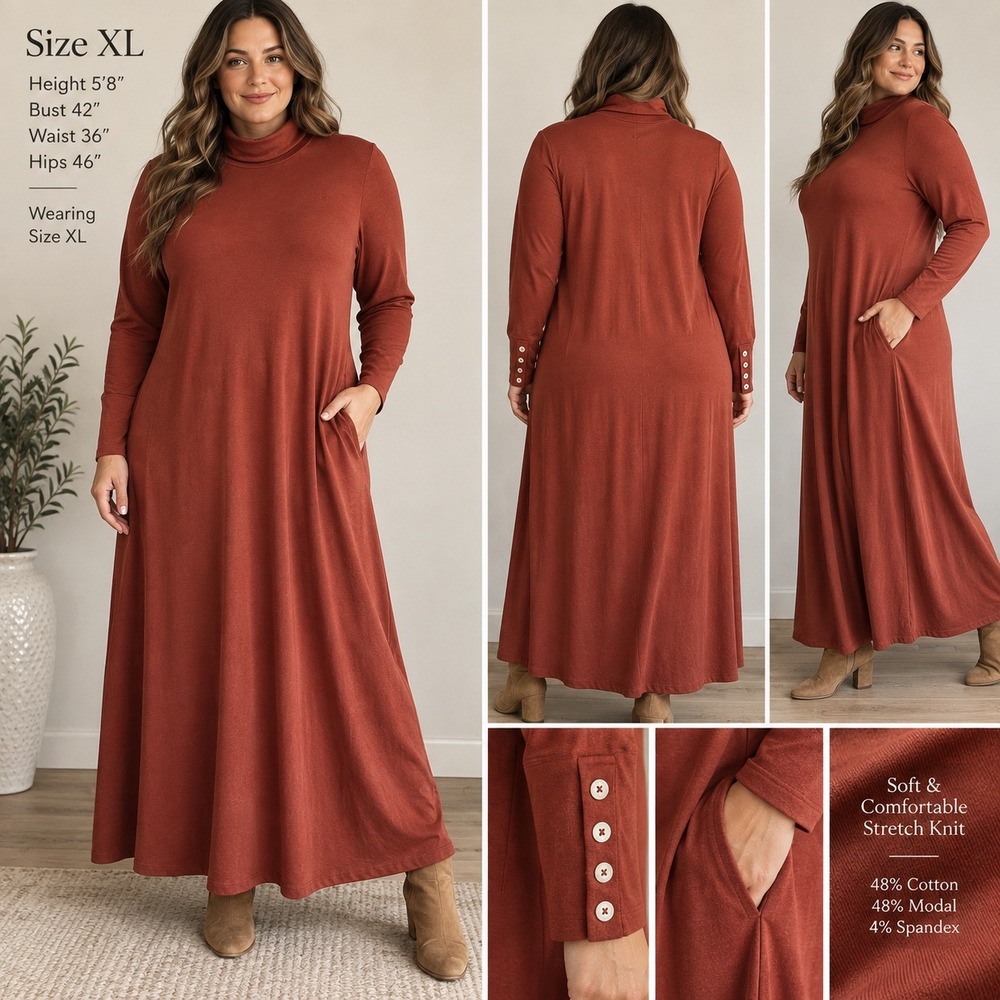 Soft Surroundings Maxi Dress XL Rust Red Modal Cotton Turtleneck Pocket Long